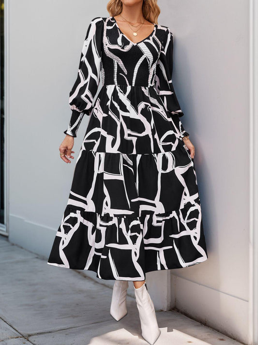 Perfee Smocked Printed Long Sleeve Midi Dress Black