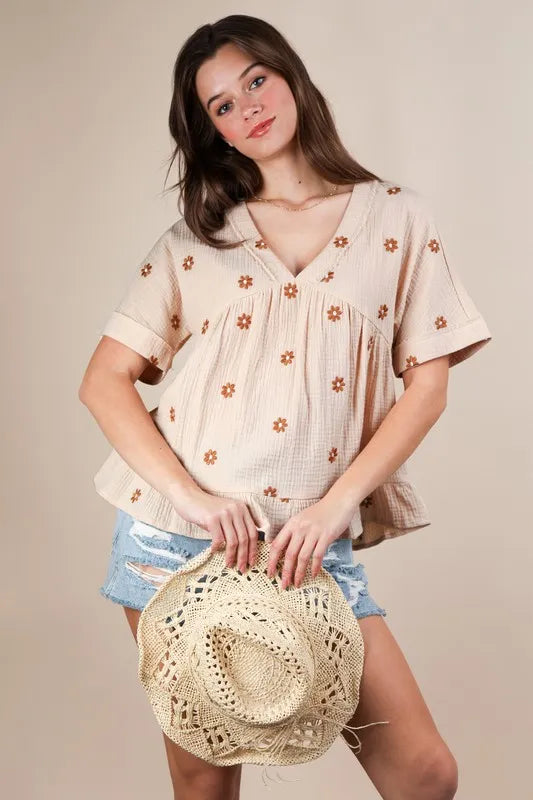 VERY J Flower Embroidered Woven Blouse