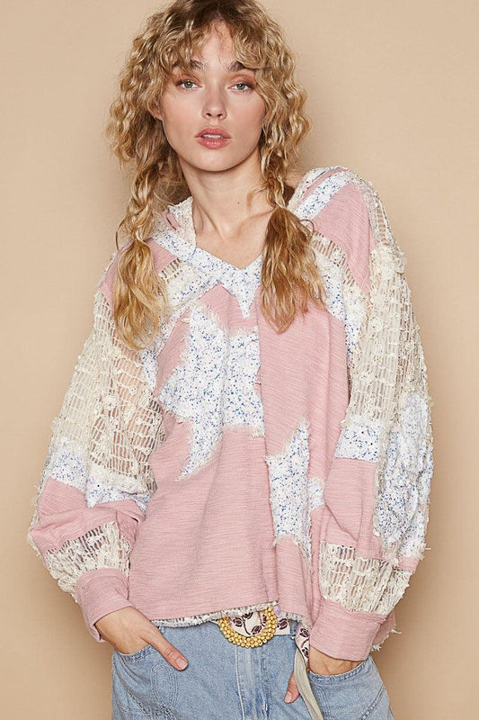POL Star Patch Lace Long Sleeve Hooded Top Watermelon Multi