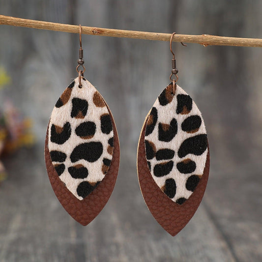 Leaf Shape Leather Dangle Earrings Brown One Size