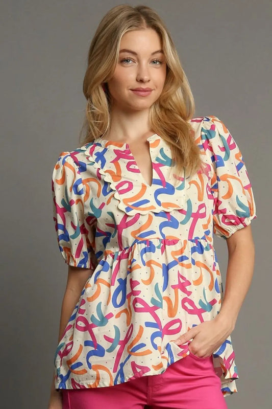 Umgee Full Size Mixed Print Puff Sleeve Babydoll Blouse Plus Size CONFETTI