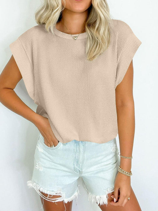 Lovelet Textured Round Neck Cap Sleeve Blouse Beige