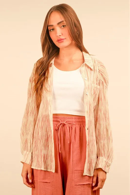 VERY J Plus Size Oversized Printed Button Up Shirt Blush