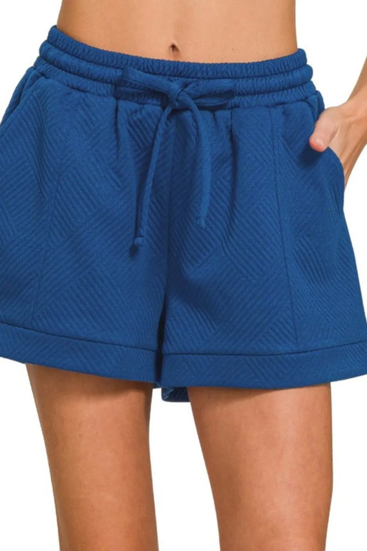 Zenana Textured Knit Jacquard Drawstring Shorts LT NAVY