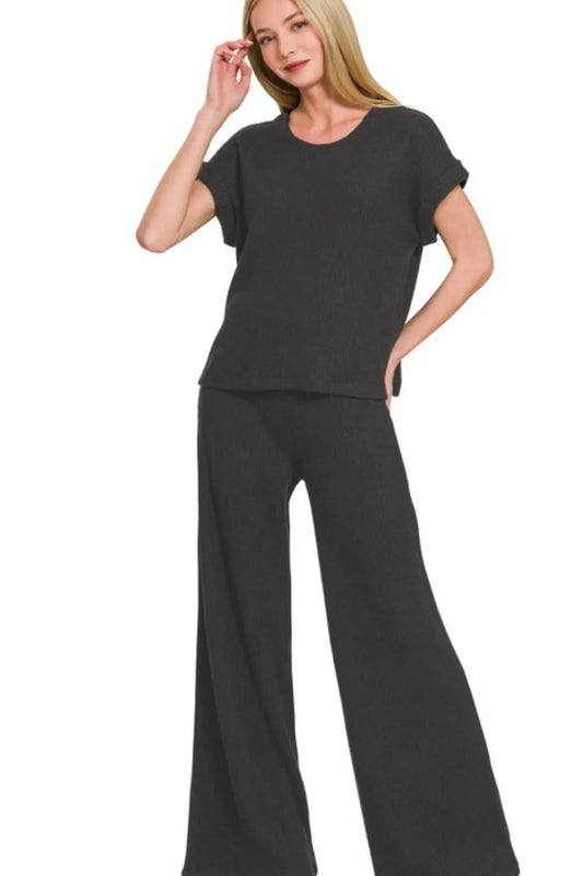 Zenana Rolled Sleeve Top and Pants Sweater Set BLACK