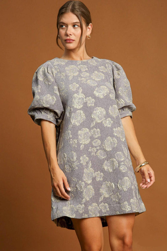 Umgee Floral Jacquard Puff Sleeve Mini Dress Gray