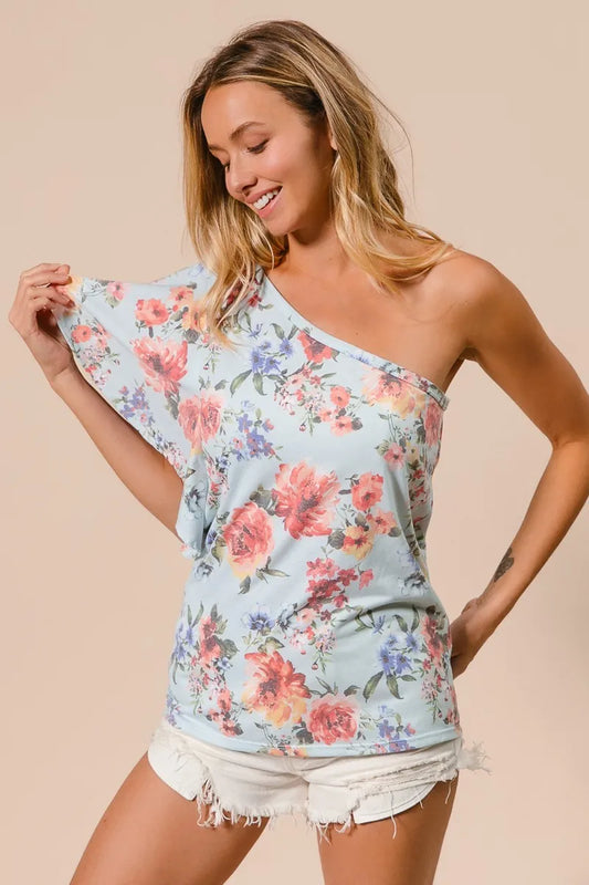 BiBi Floral Printed Jersey Knit Ruffle Sleeve Top LT BLUE
