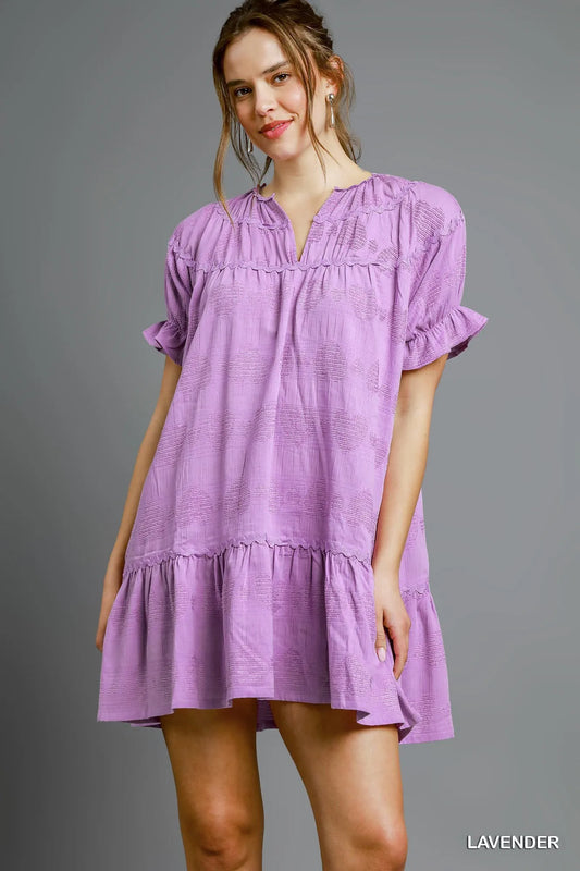 Umgee Heart Pattern Short Sleeve Ruffle Babydoll Dress Lavender