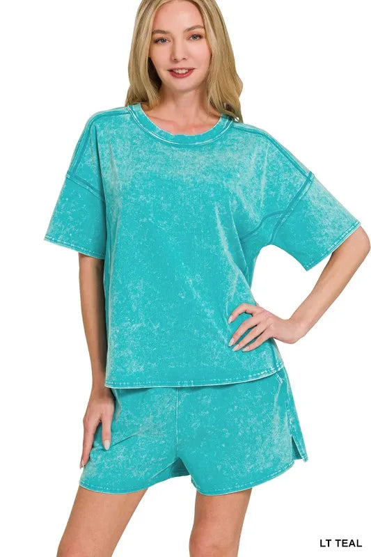 Zenana Acid Washed Short Sleeve Tee & Shorts Set LT TEAL