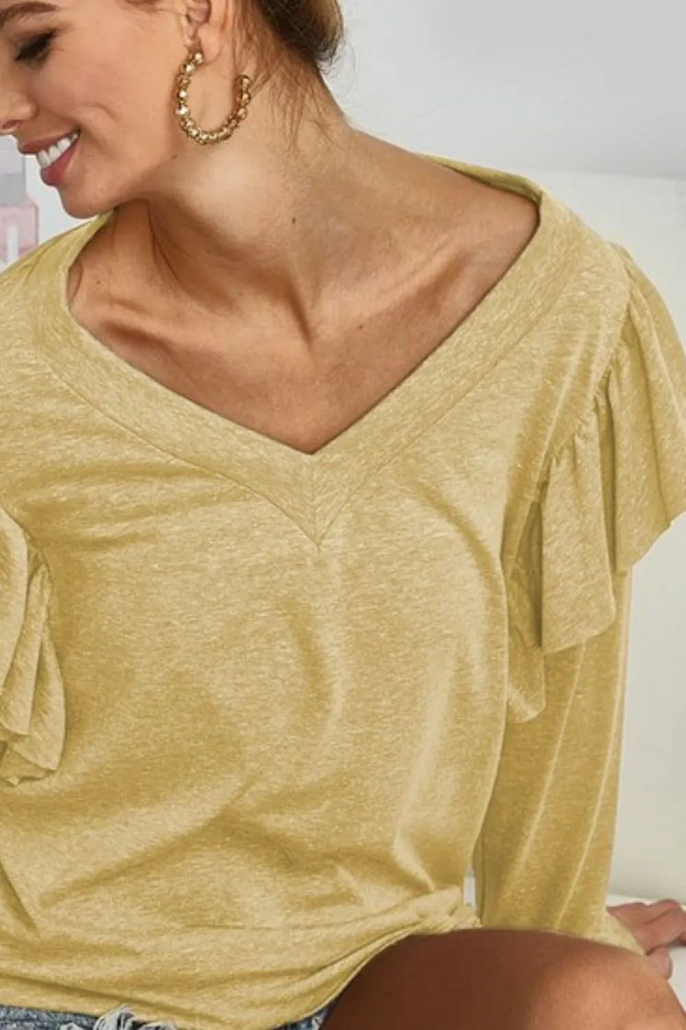 BiBi Triblend V Neck Top with Shoulder Shrring Detail