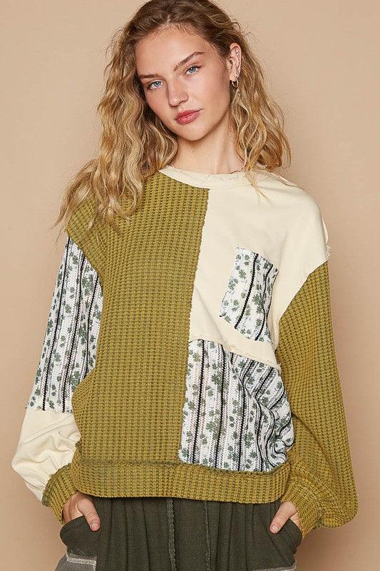POL Exposed Seam Floral Patch Color Block Round Neck Sweatshirt Yellow-Green