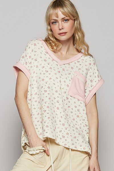 POL Floral V-Neck Short Sleeve T-Shirt Natural Pink