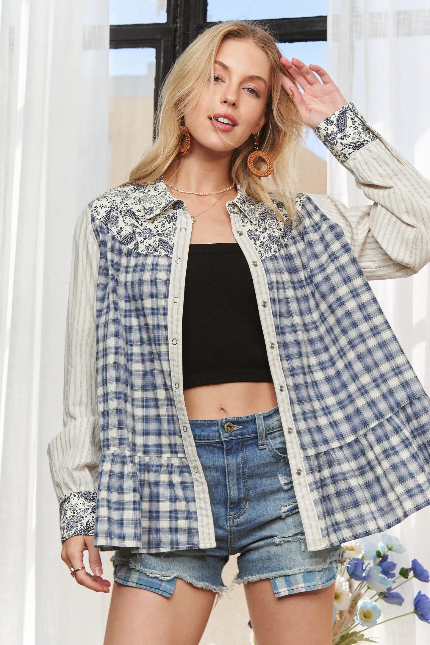 ADORA Button Down Fabric Mix Babydoll Shirt