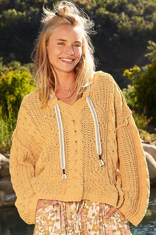 POL Cable Knit Hooded Chenille Sweater Honey Gold