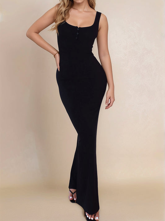 Devine Side Slit Wide Strap Maxi Dress Black