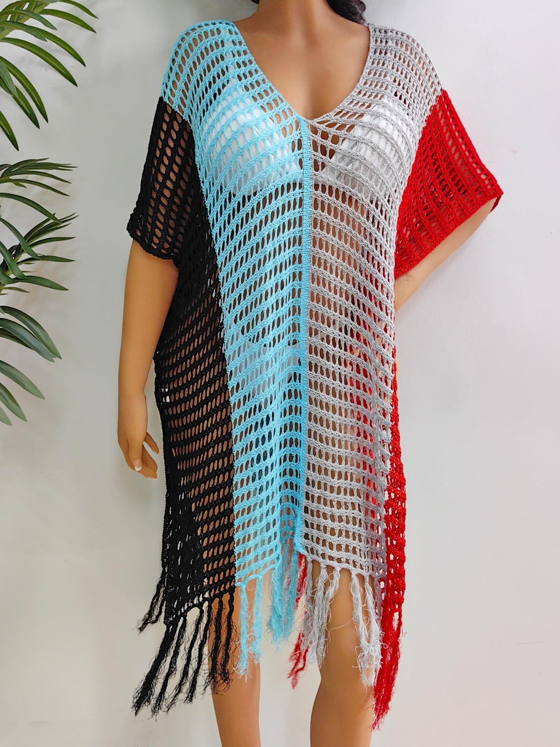 Fringe Color Block Scoop Neck Cover Up Black One Size