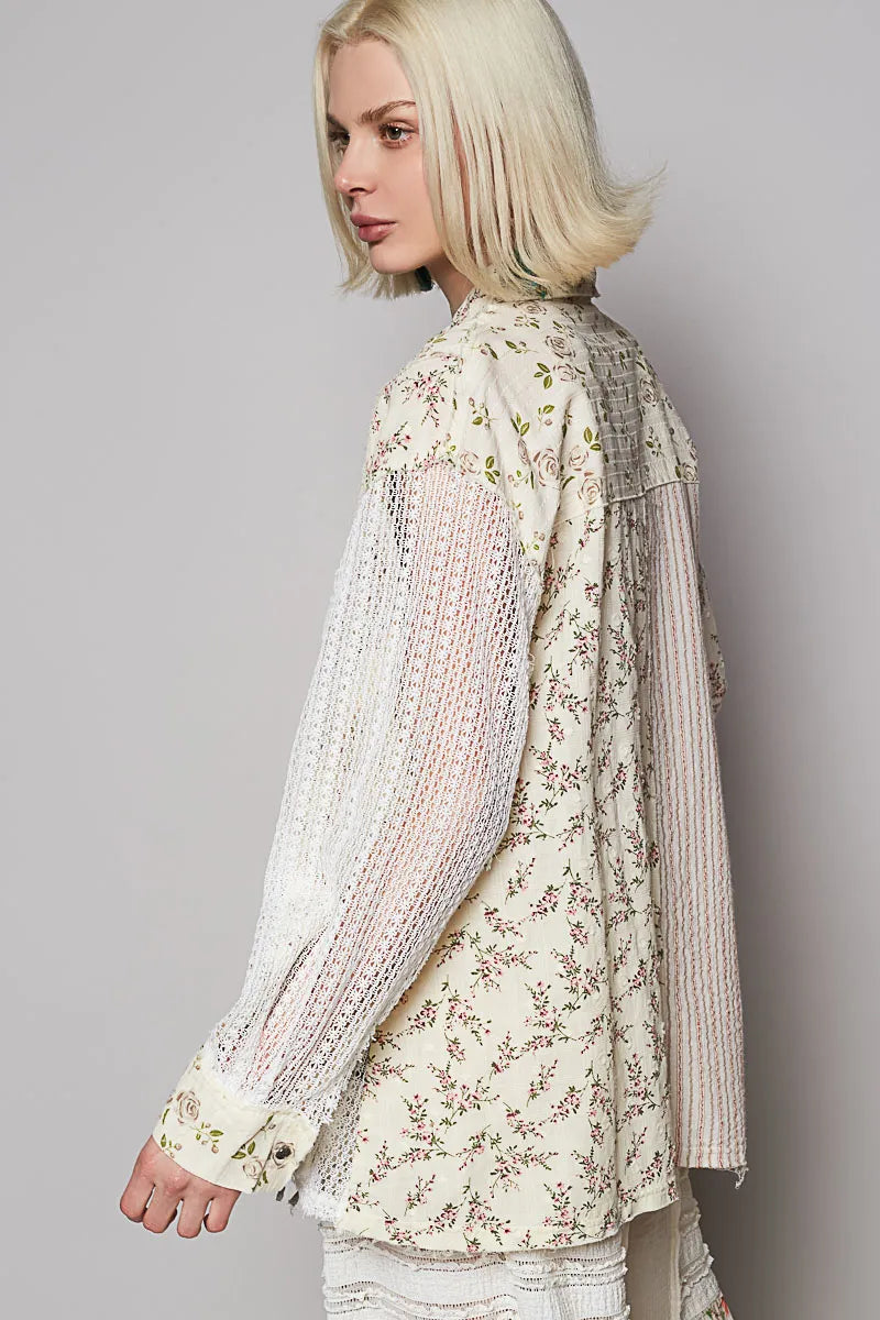 POL Lace Patchwork Floral Button-Up Shirt