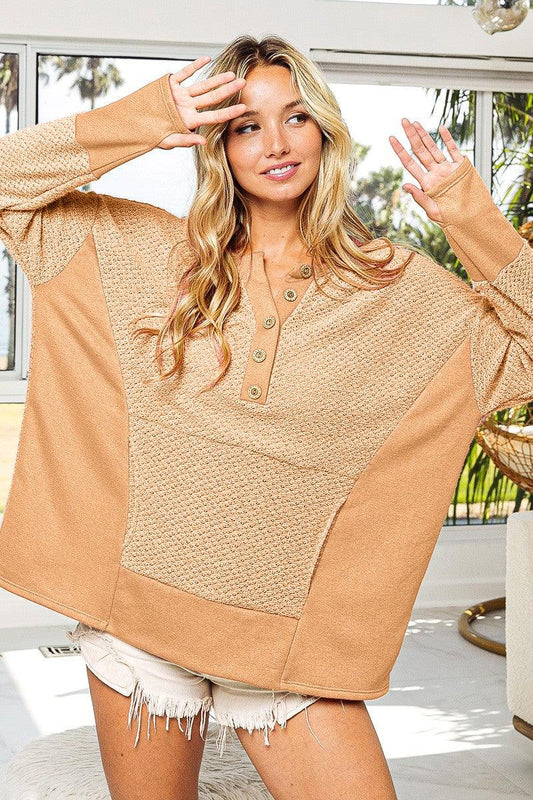BiBi Thumb Opening Long Sleeve Top with Kangaroo Pocket Taupe