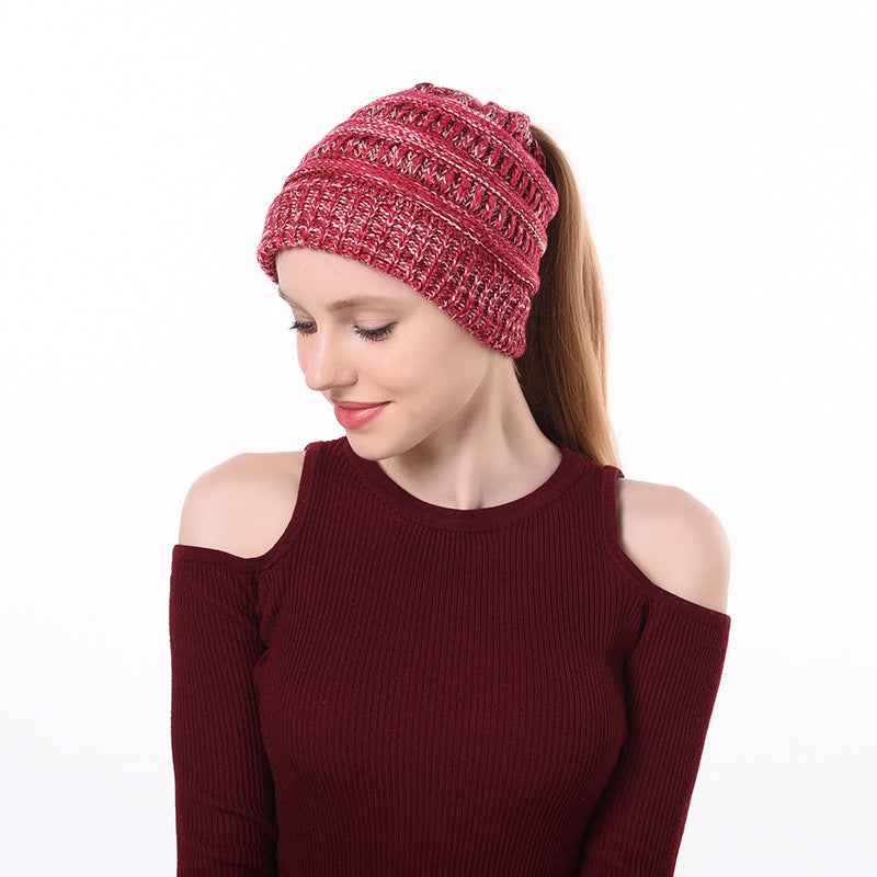 Womens Knitted Ponytail Hat Winter Warm Cap Rose White With CC label