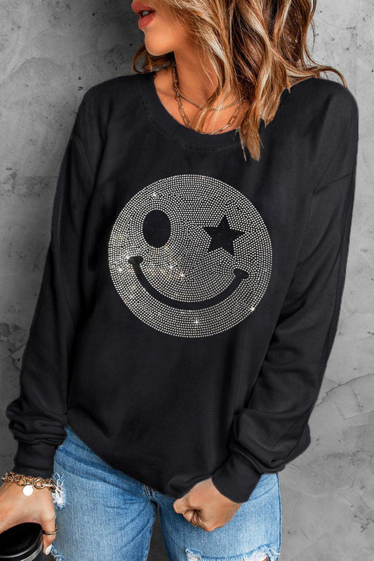 Rhinestone Smile Long Sleeve Sweatshirt Black