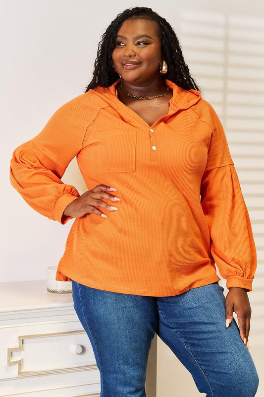 Basic Bae Side Slit Buttoned Waffle Knit Hoodie Orange
