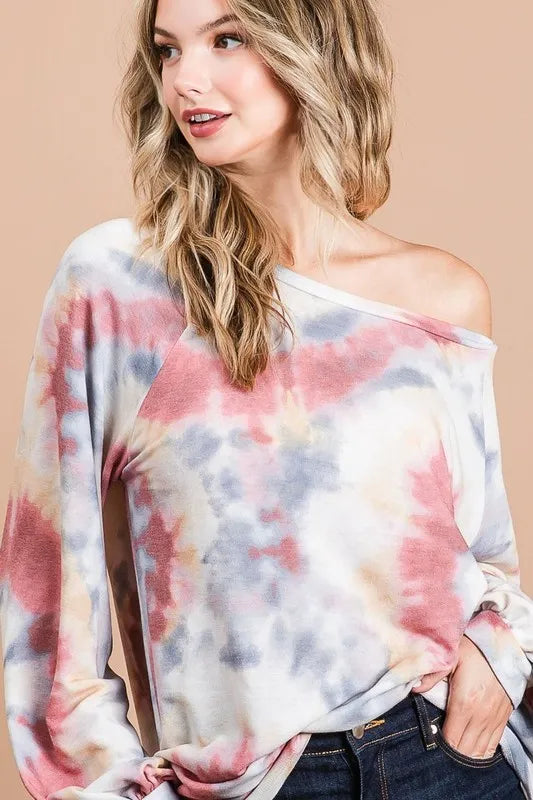 BiBi Tie Dye Print Terry Top With Puff Sleeves