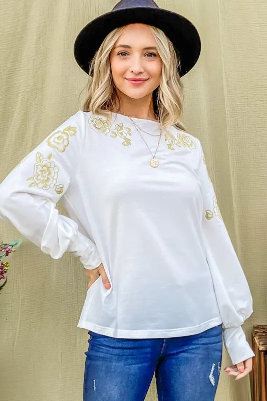 And The Why Flower Gold Embroidery Shoulder Detailed Top