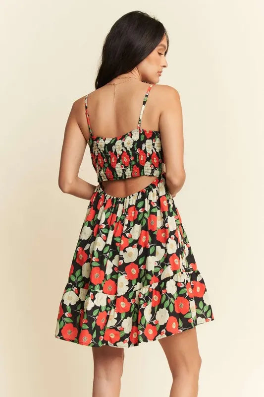 Davi & Dani Floral Scalloped Cutout Back Mini Dress