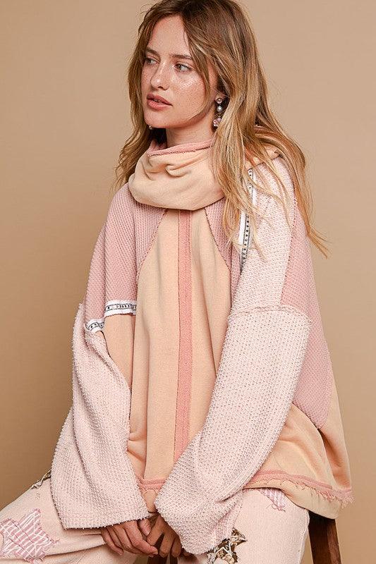 POL Exposed Seam Turtleneck Stud Trim French Terry Hoodie Burnt Coral