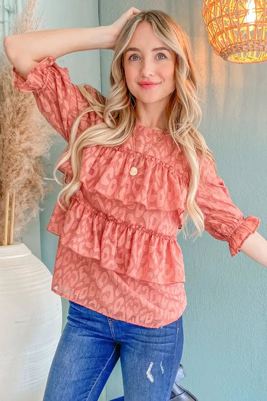 And The Why Leopard Tiered Ruffle Blouse Top