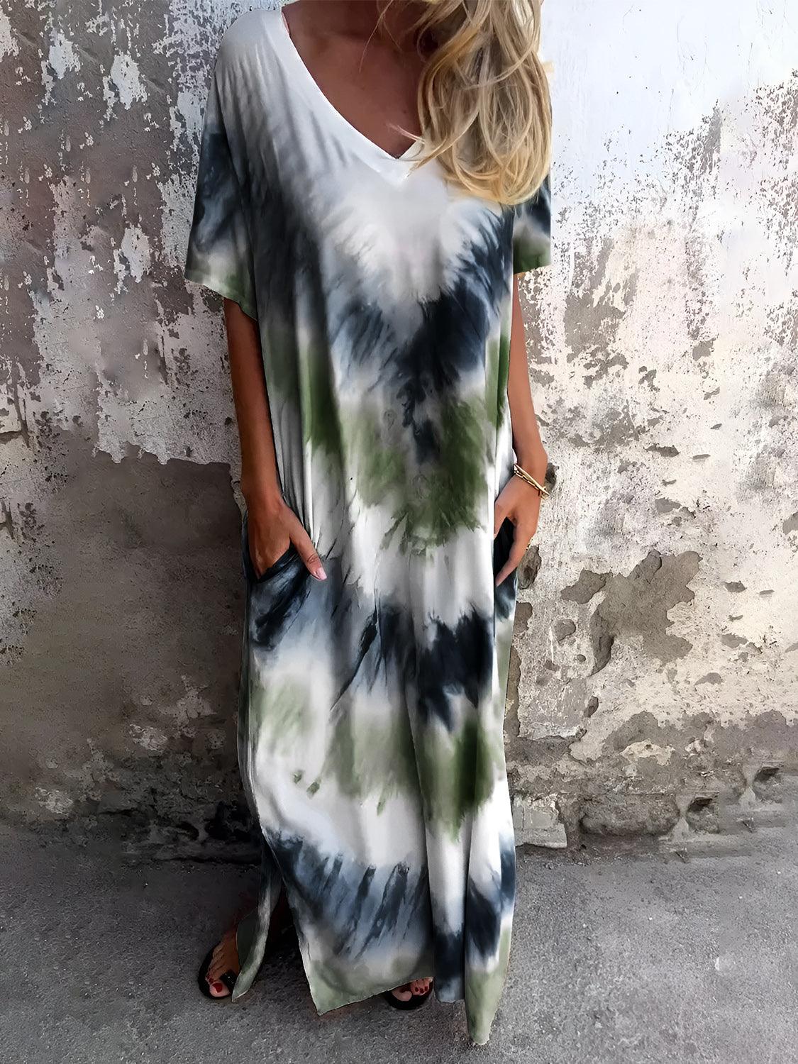 Full Size Pocketed Tie-Dye Short Sleeve Dress Moss