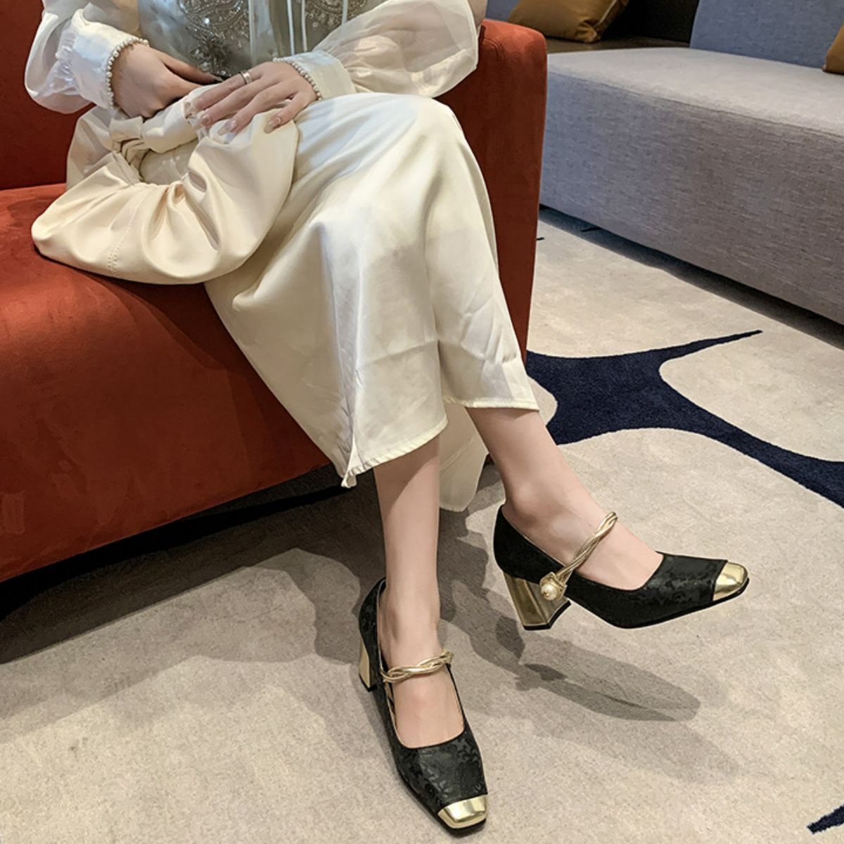 Square Toe Block Heels Pumps Black