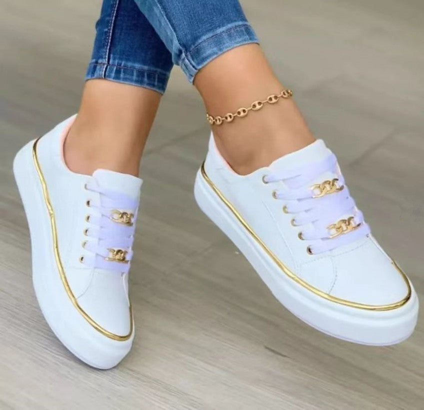 Women's Chain Flat Loafers | PU Leather Round-Toe Walking Shoes