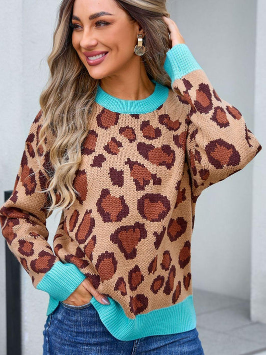 Angel Wings Leopard Round Neck Long Sleeve Sweater Khaki