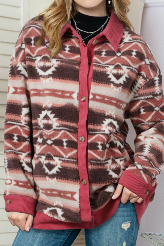 Geometric Button Up Corduroy Trim Jacket Deep Rose