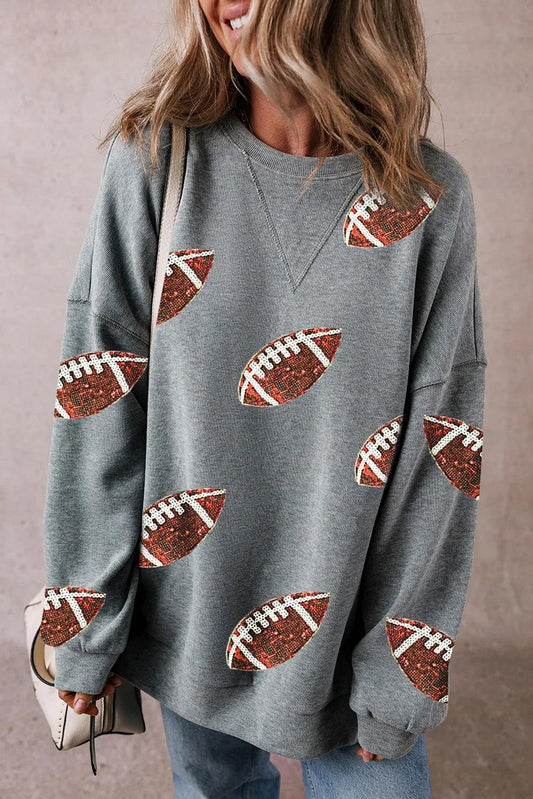 Sequin Football Round Neck Long Sleeve Sweatshirt Dark Gray
