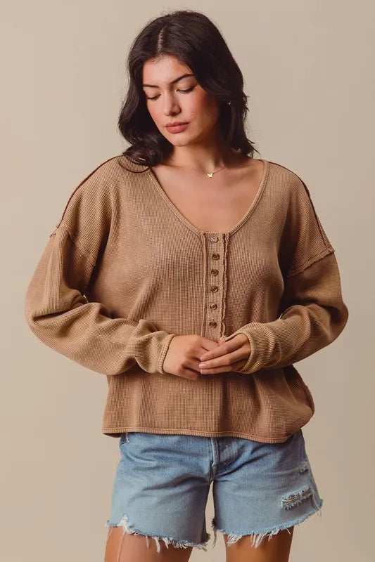 SO ME Frayed Cut Mineral Washed Deep V Neck Waffle Top
