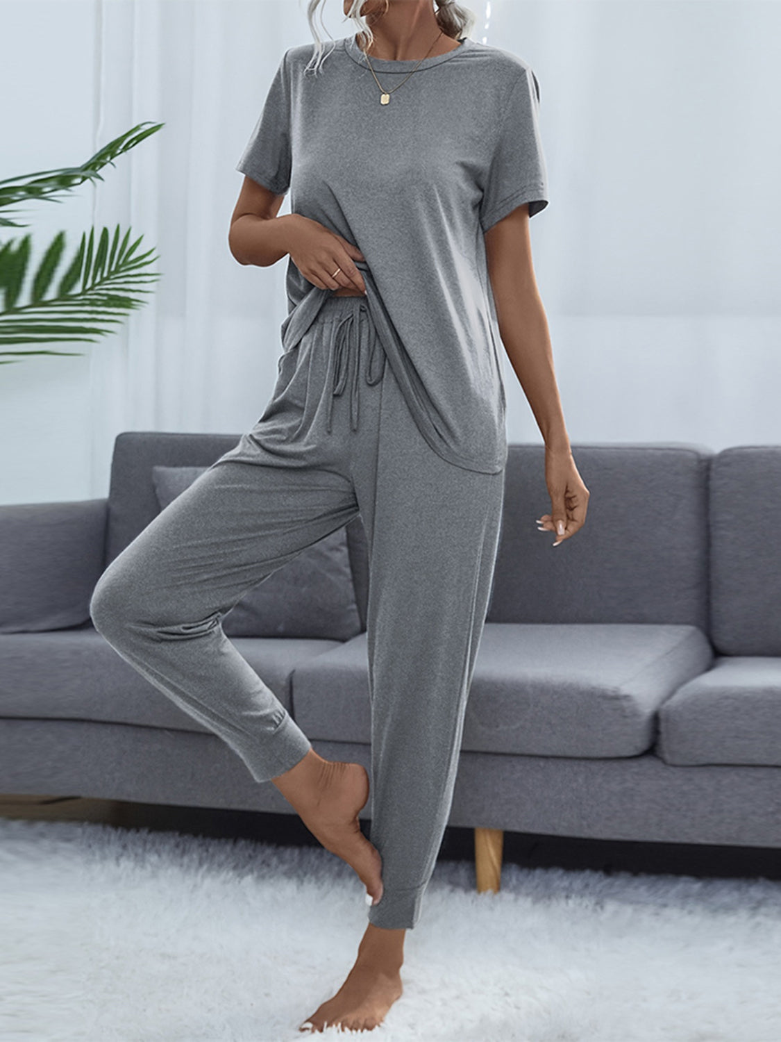 Shiny Round Neck Short Sleeve Top and Pants Set Cloudy Blue