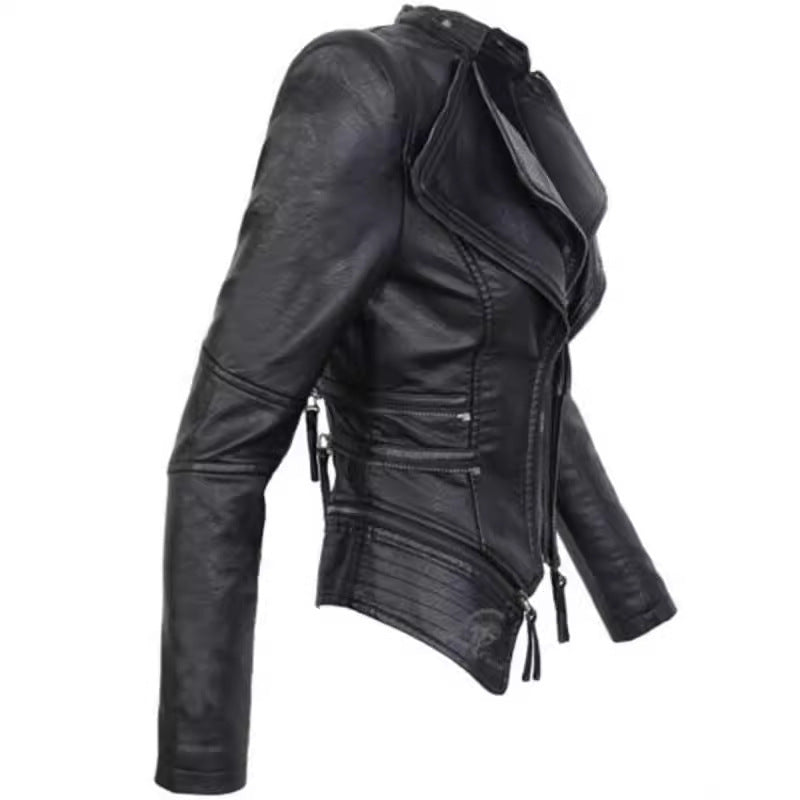 Black leather jacket with unique design on a white background