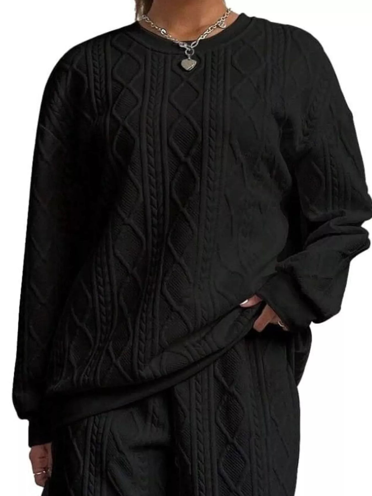 Texture Round Neck Top and Pants Set