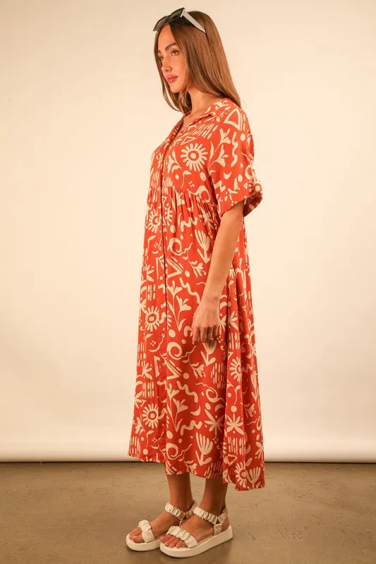 VERY J Oversized Printed Shirt Midi Dress