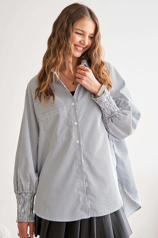 ADORA High-Low Striped Button Down Smocked Lantern Sleeve Shirt Gray