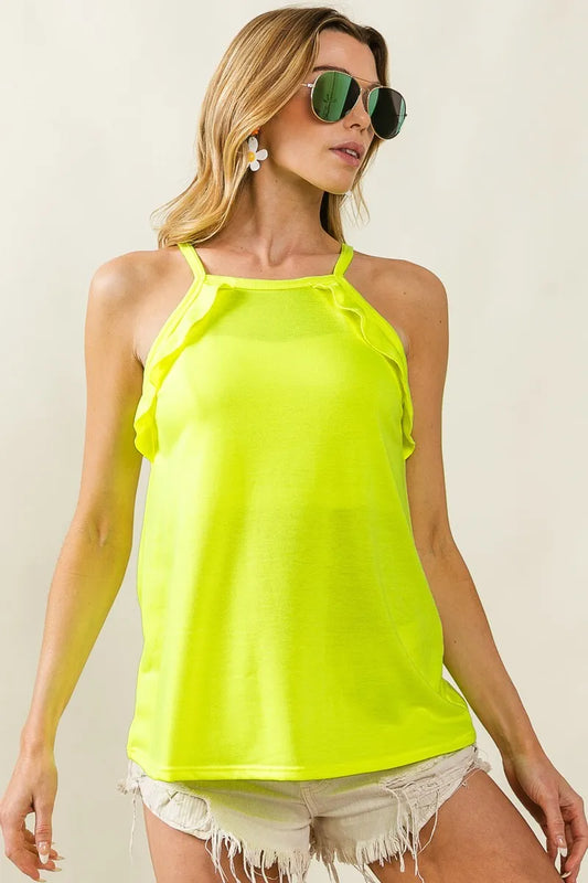BiBi French Terry Knit Ruffled Detail Sleeveless Top NEON YELLOW