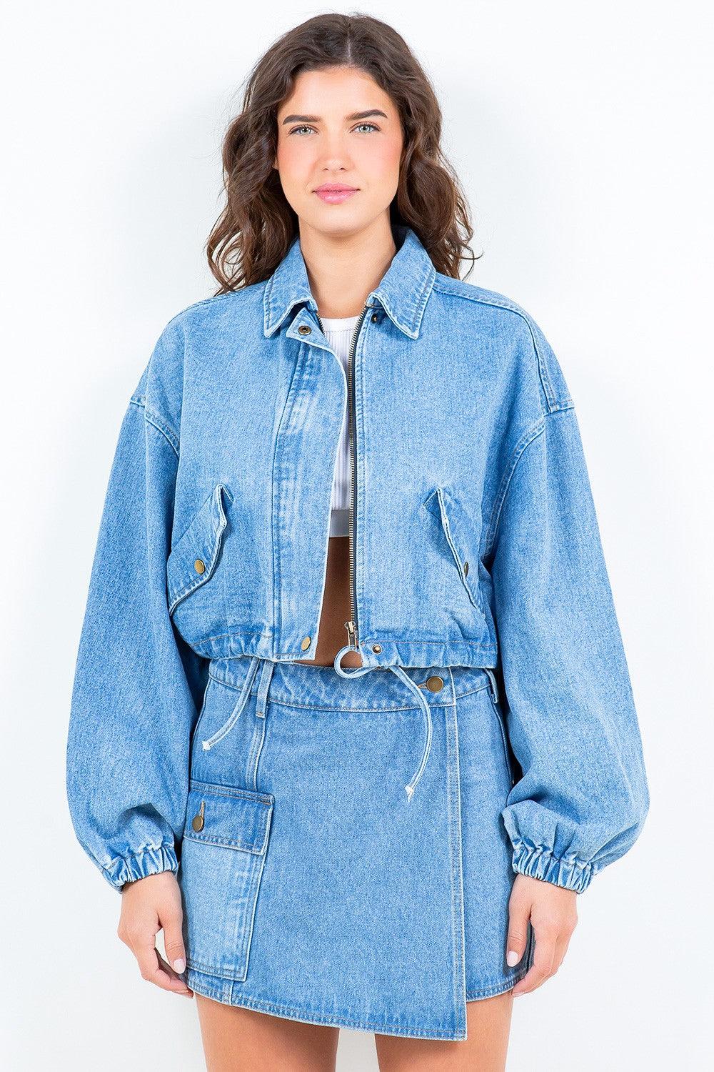 American Bazi Drawstring Waist Crop Denim Jacket Blue