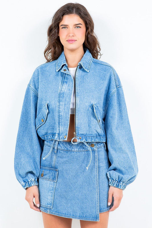 American Bazi Drawstring Waist Crop Denim Jacket Blue