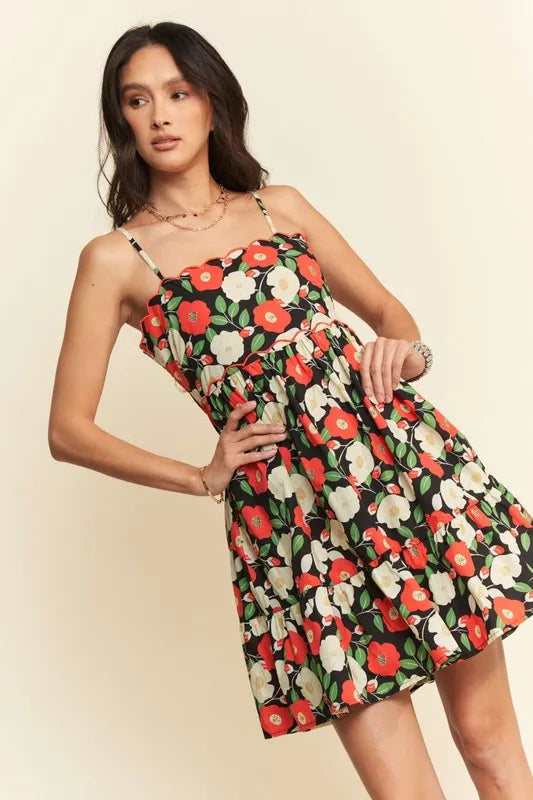Davi & Dani Floral Scalloped Cutout Back Mini Dress