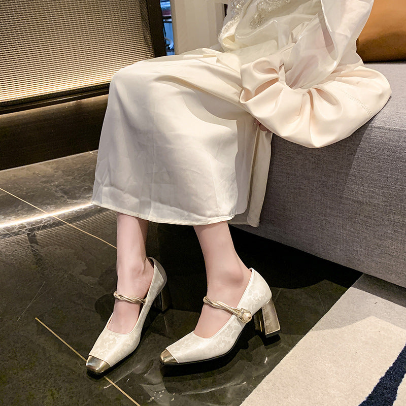 Square Toe Block Heels Pumps Beige