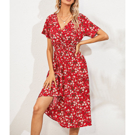 Boho V Neck Floral Print Short Sleeve Mini Dress Cute Smocked Waist Short Dress