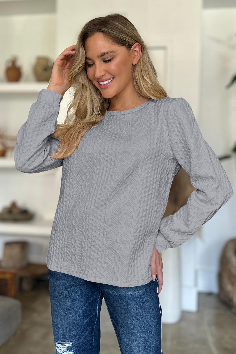 Textured Round Neck Long Sleeve Sweatshirt Gray
