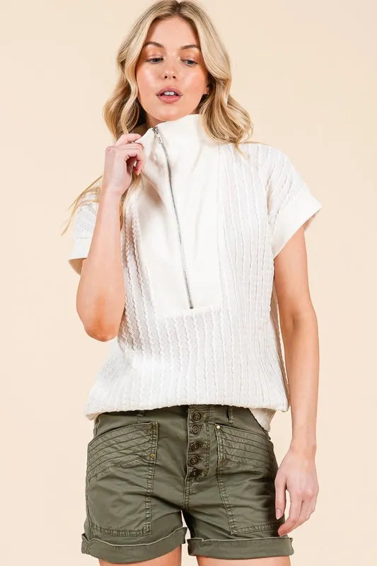 Lime 'N' Chili Textured Half Zip Cap Sleeve Contrast Top